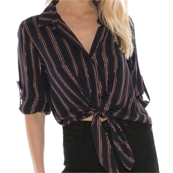 Bella Dahl Shimmer Stripe Tie Waist Open Collar Button Up Blouse Sz L - Picture 2 of 15